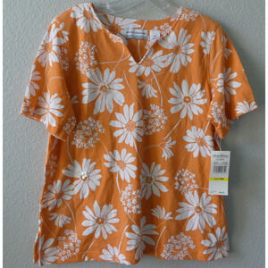 Alfred Dunner Short Sleeve Top PM Floral Sequin Petite Orange White Summer